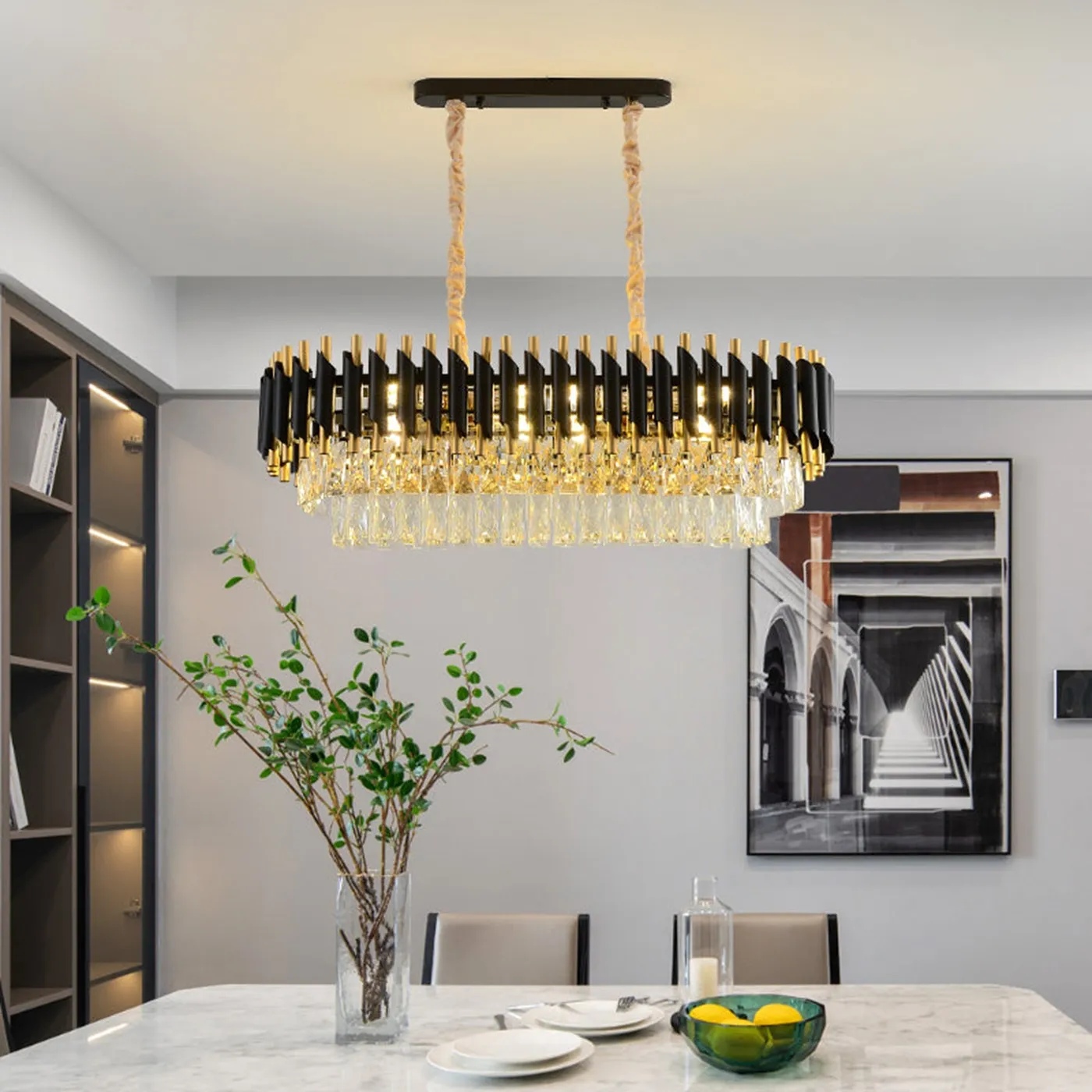 1000X300 MM GOLD BLACK TUBE STAINLESS STEEL K9 CRYSTAL PENDANT CHANDELIER CEILING LIGHTS HANGING