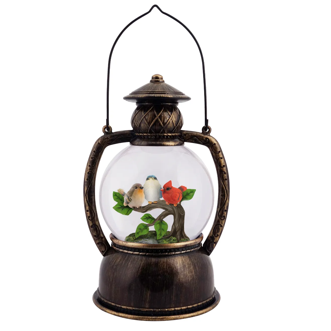 10.25" Chickadee, Blue, and Cardinal Bird Trio on Branch Glitter Water Lantern