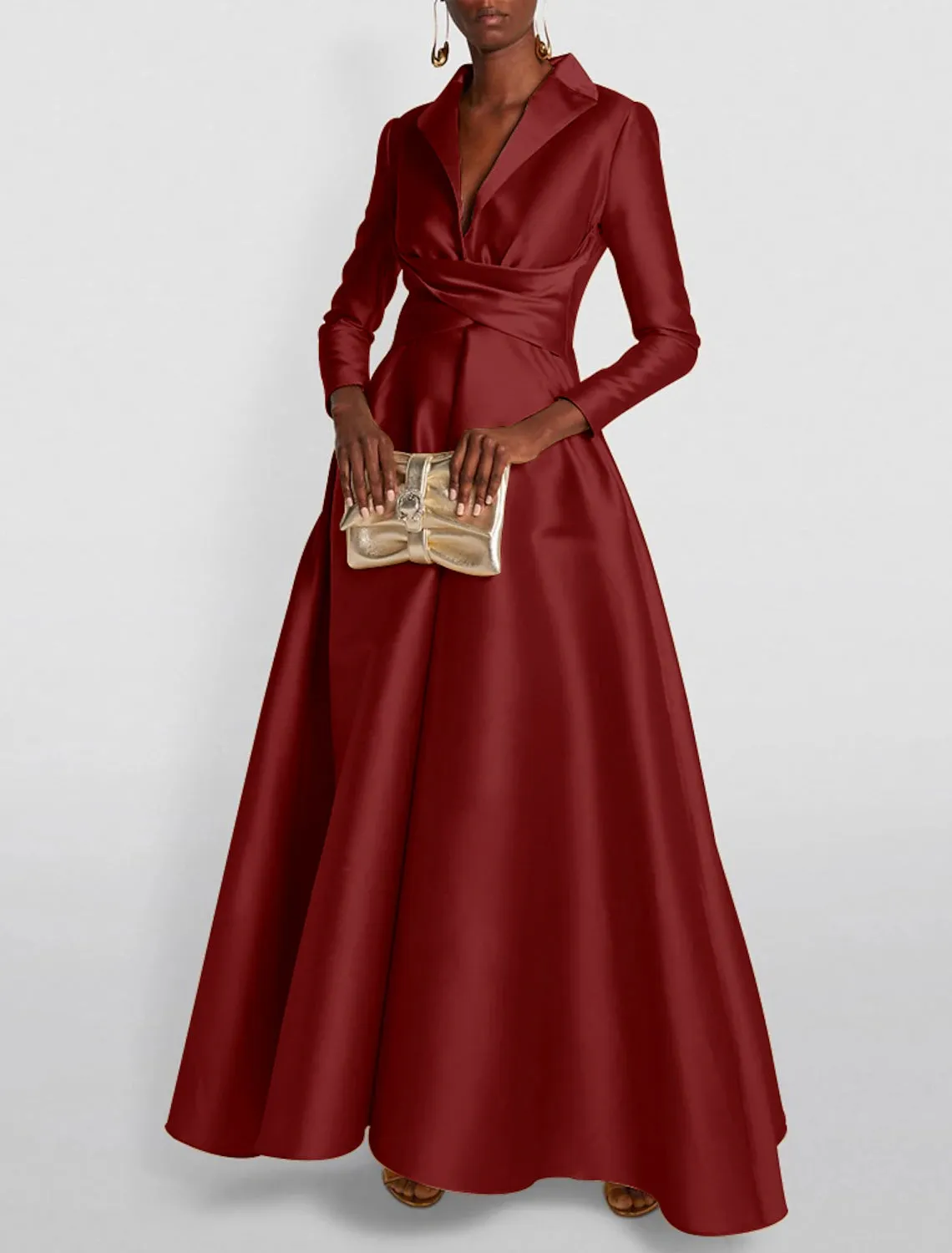 A-Line Evening Gown Elegant Christmas Red Green Dress Formal Wedding Guest Floor Length Long Sleeve Shirt Collar Satin with Ruched