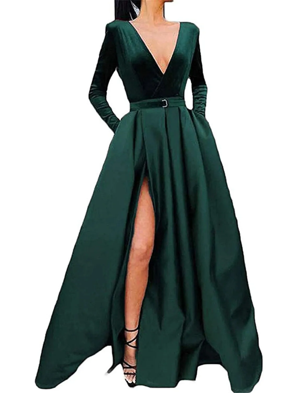 A-Line Evening Gown Party Dress Elegant Dress Formal Christmas Red Green Dress Floor Length Long Sleeve Sweetheart Fall Wedding Guest Satin with Sash / Ribbon Slit