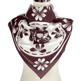 Alexander McQueen Women's Burgundy/Ivory Cotton Square Scarf w/Skull