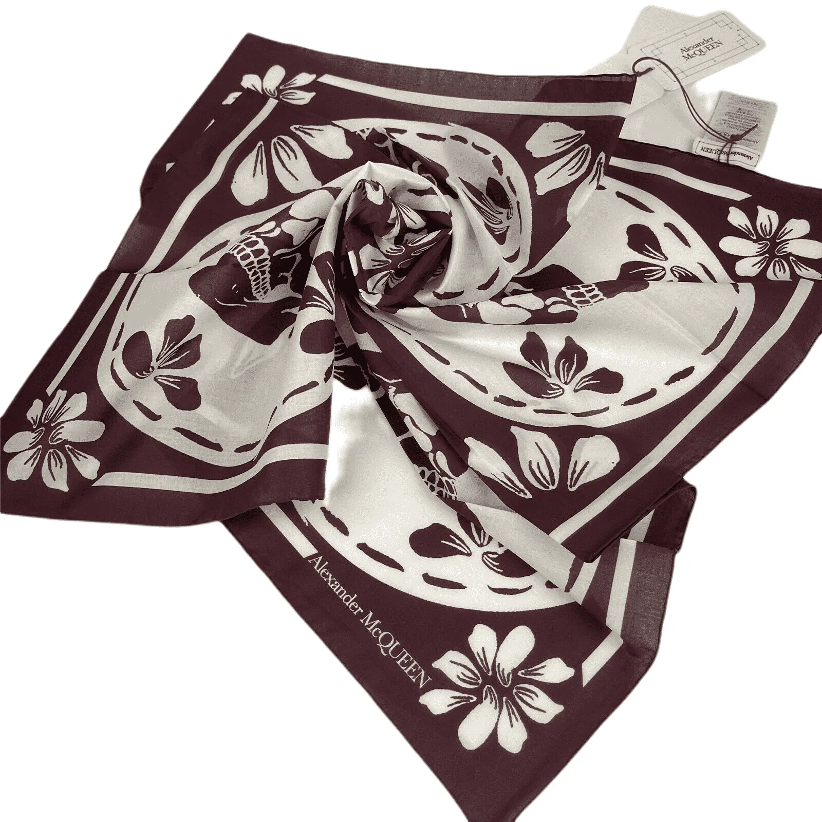 Alexander McQueen Women's Burgundy/Ivory Cotton Square Scarf w/Skull