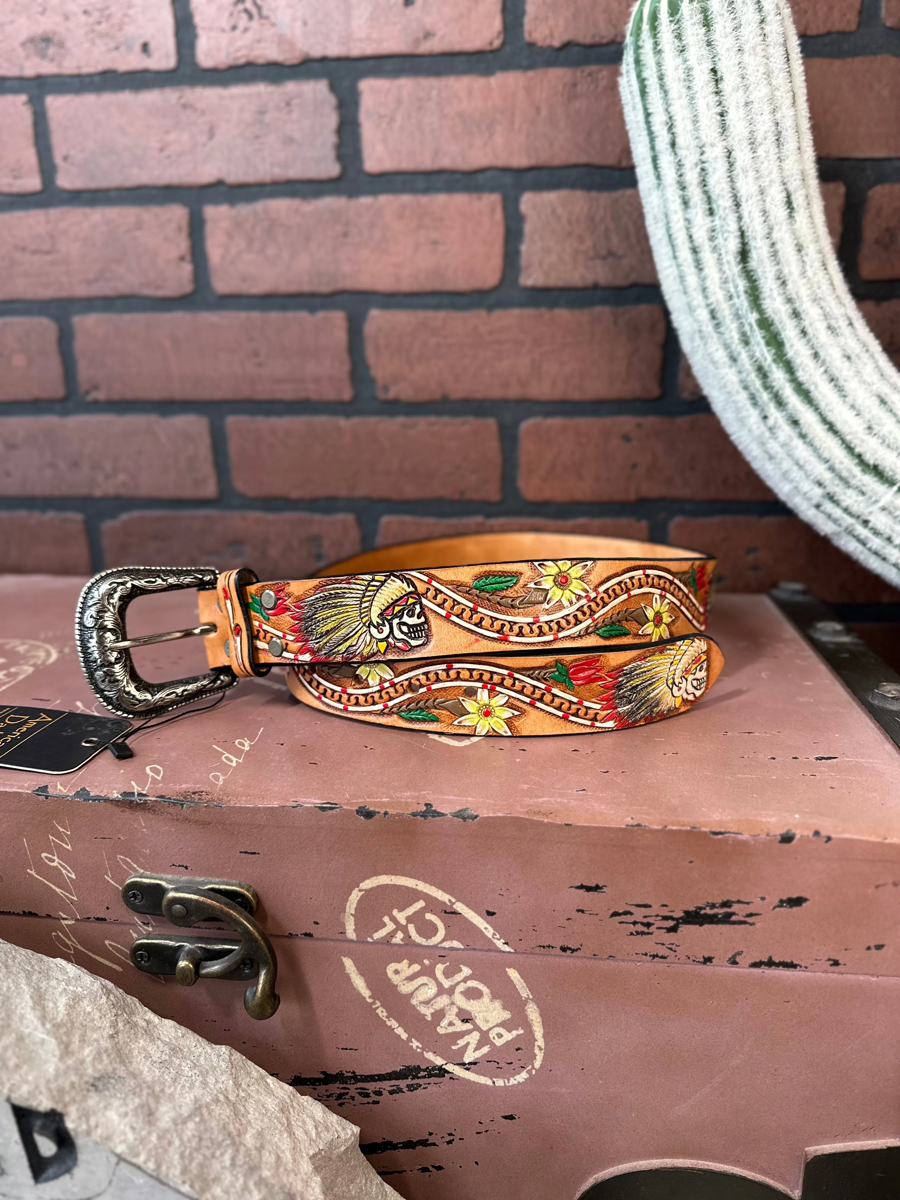 American Darling Skull & Flowers Hand Tooled & Painted Leather Belt ADBLF168