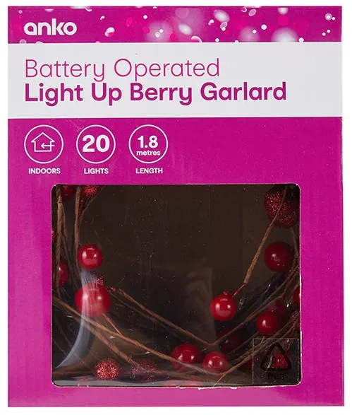 Anko Battery Operated 20 Light Up Berry Garland/Red/White