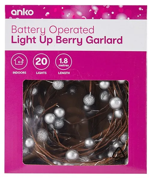 Anko Battery Operated 20 Light Up Berry Garland/Red/White