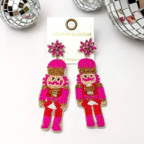 Beaded Nutcracker Earrings with fuchsia Pink Crystal Posts in Fuchsia Pink and Red