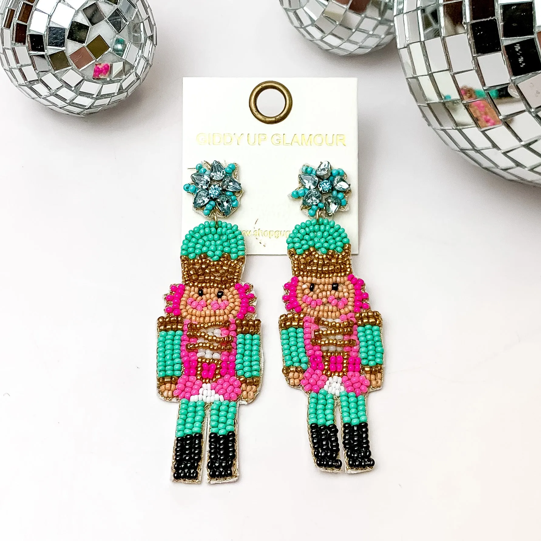 Beaded Nutcracker Earrings with Turquoise Green Crystal Posts in Turquoise Green and Pink