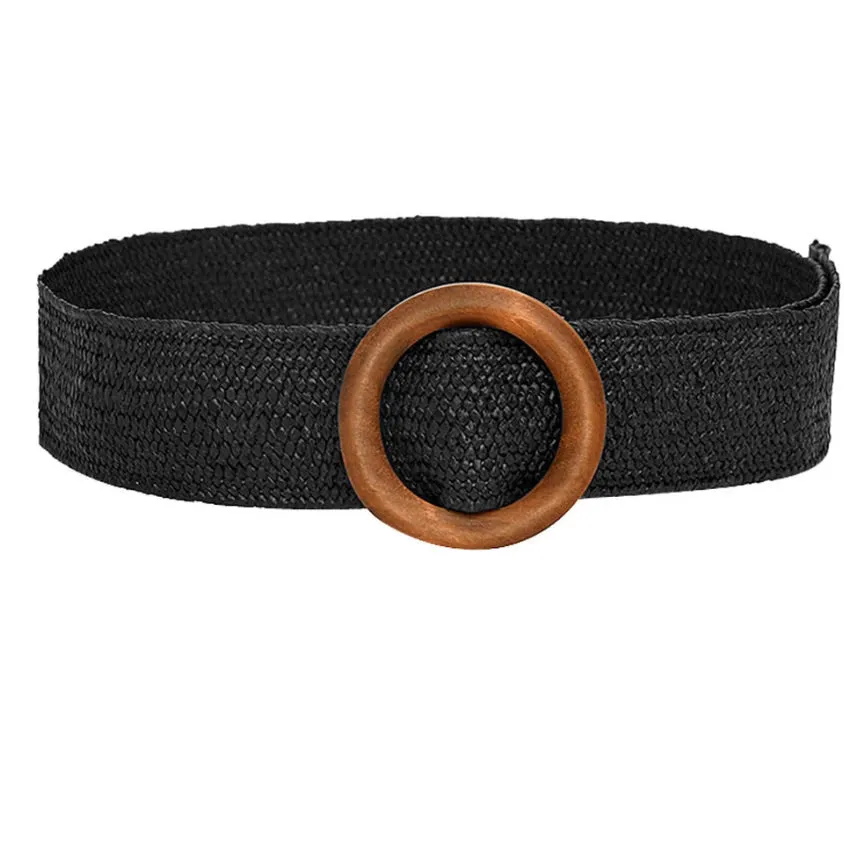 Belt016 Woven Belt Wood Circle Buckle Black