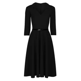 Black 3/4 Sleeve Collar Wrap Effect Swing Dress With Belt