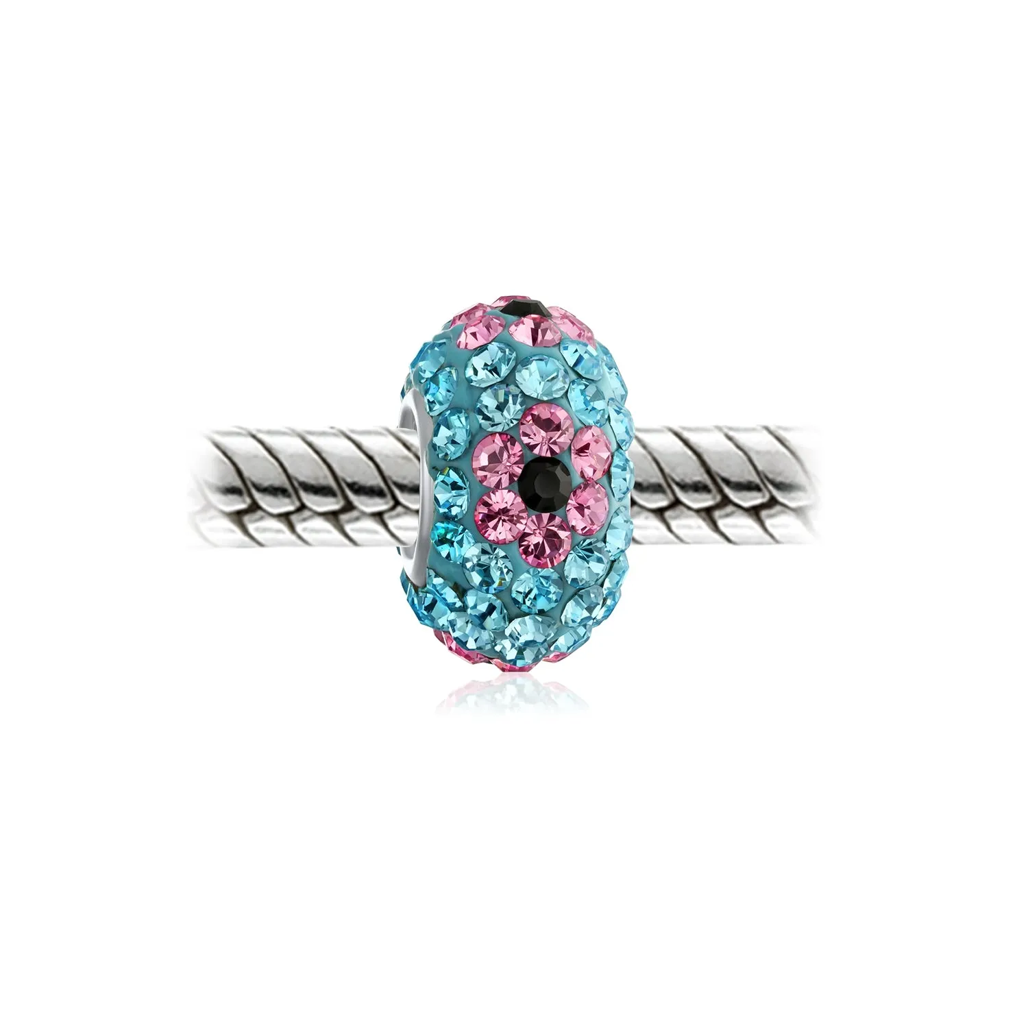 Blue Pink Black Red Flower Crystal Bead Charm for Bracelet Sterling Silver Core