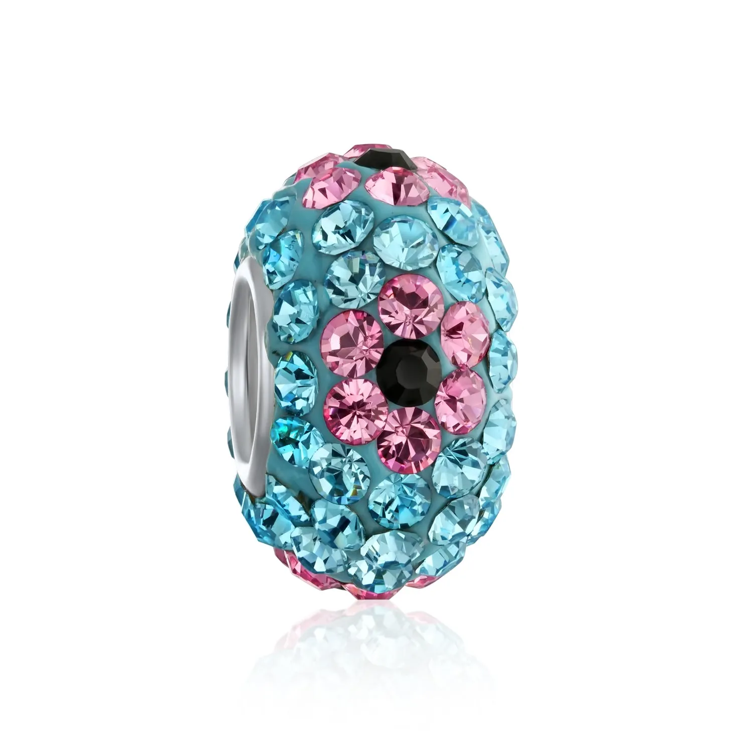 Blue Pink Black Red Flower Crystal Bead Charm for Bracelet Sterling Silver Core