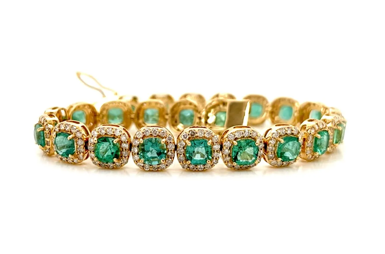 Bracelet 14kt Gold Emeralds & Diamonds Halo Tennis