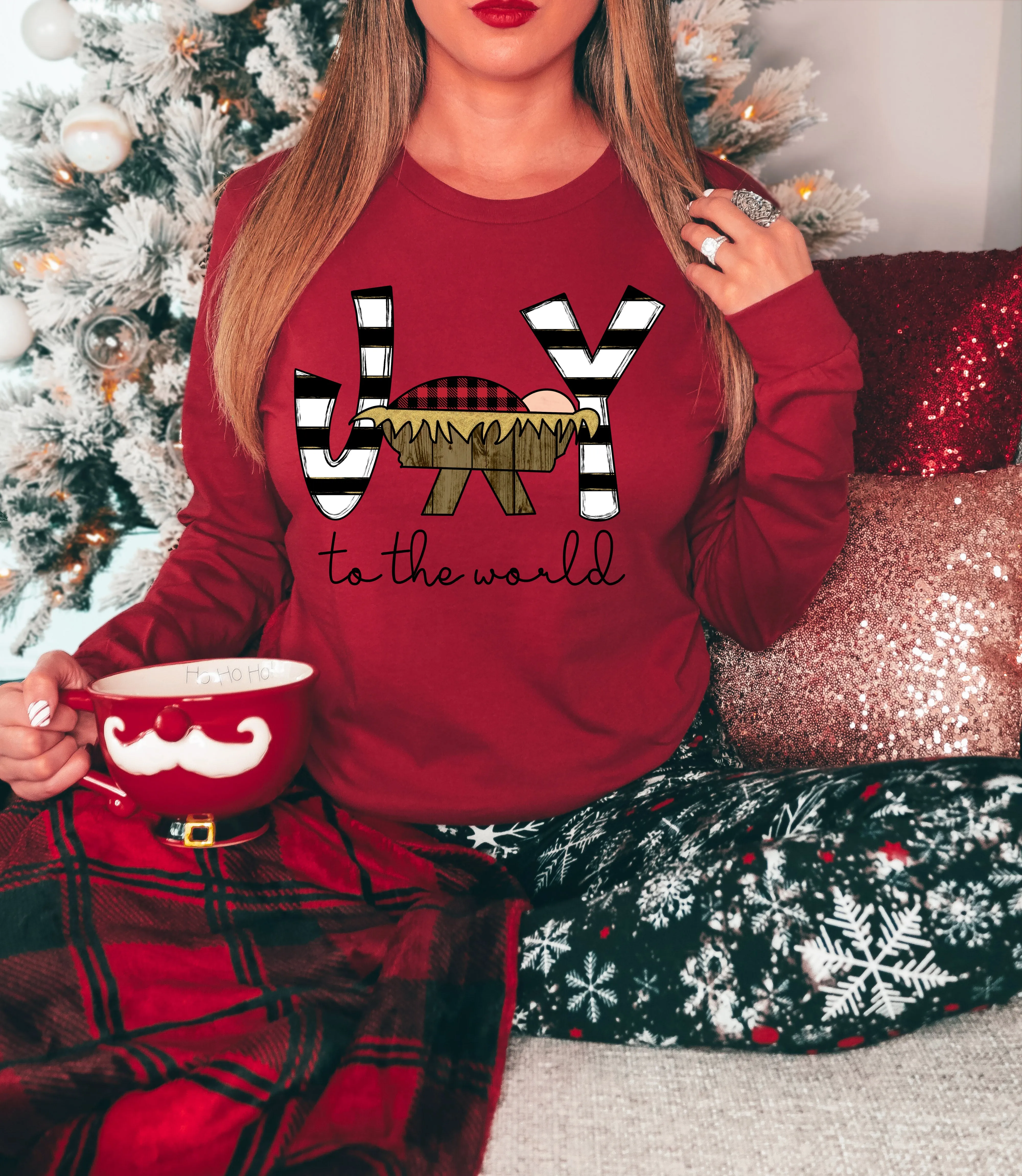 Cardinal Red Joy To The World Christmas Long Sleeve Bella Tee /  Adult Christmas T-Shirt