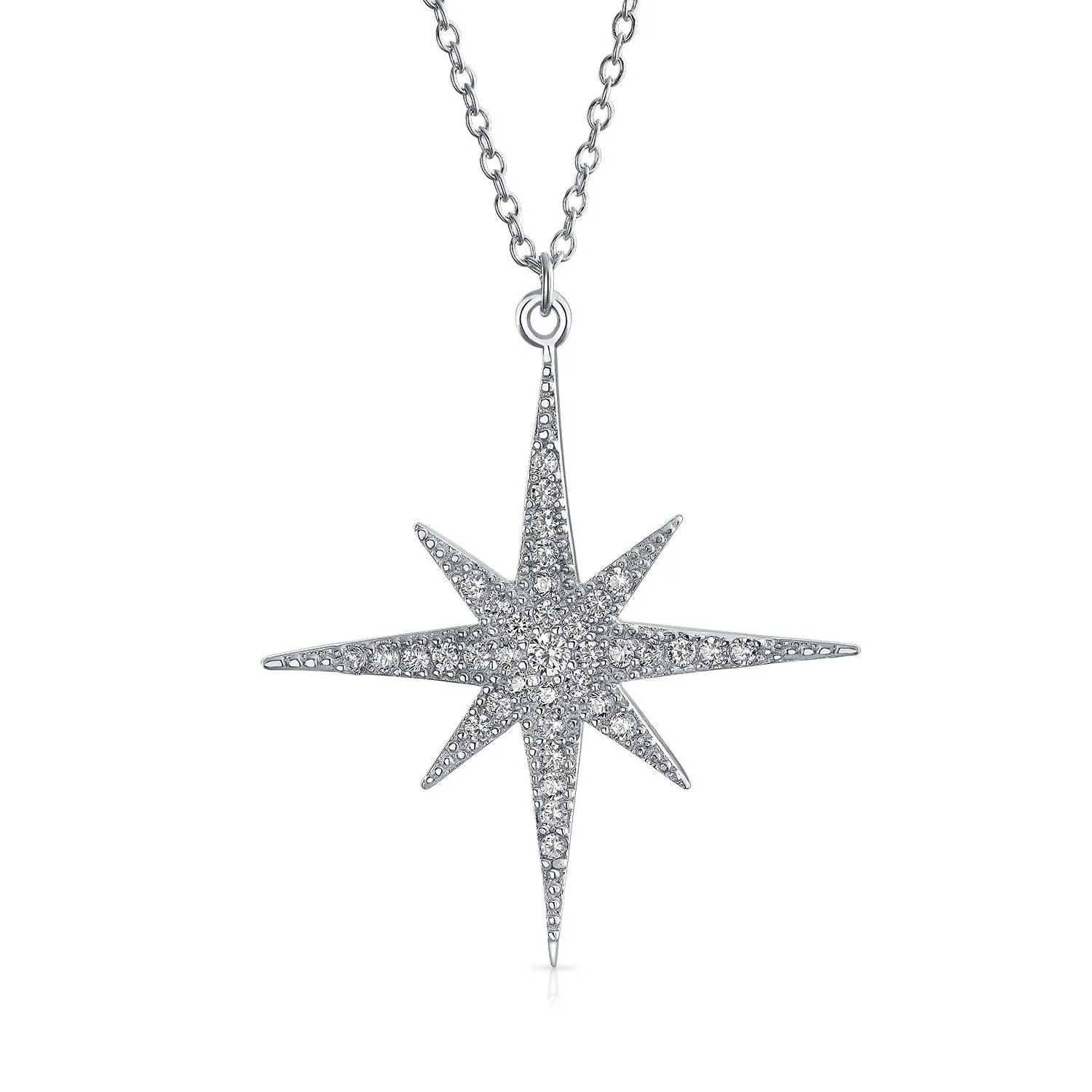 Celestial 8-Point North Star Burst Pendant Necklace with CZ in Sterling Silver