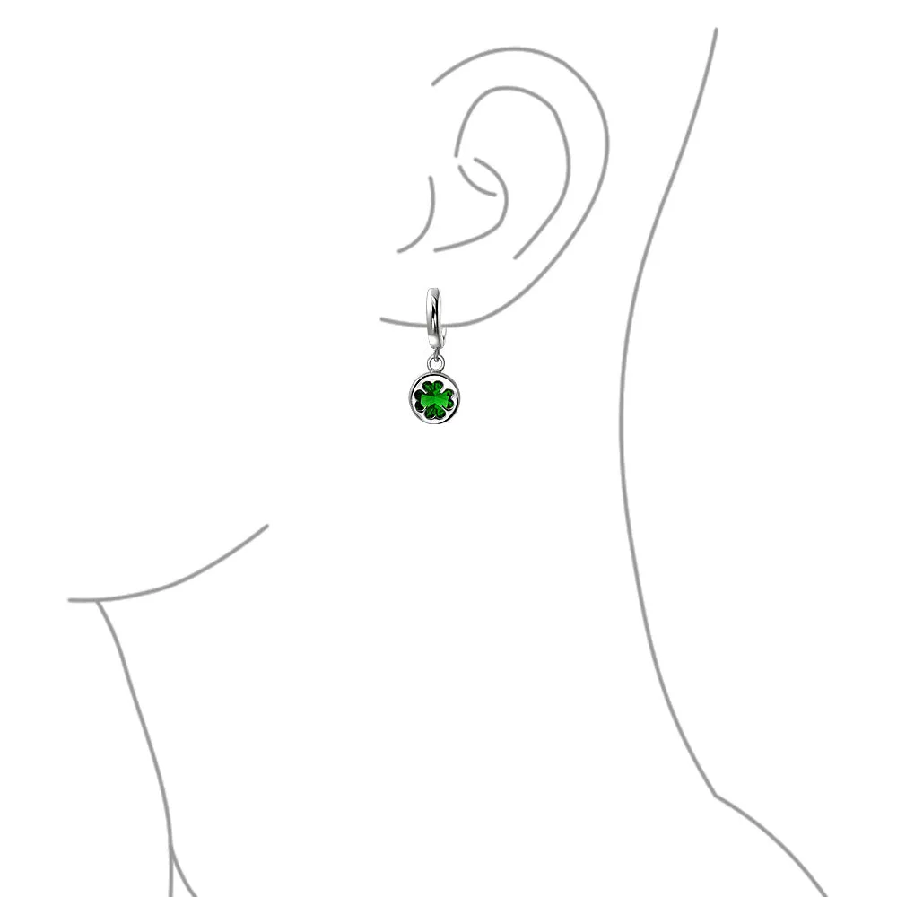 Celtic Four Leaf Emerald Green CZ Clover Dangle Stud Earrings Sterling Silver