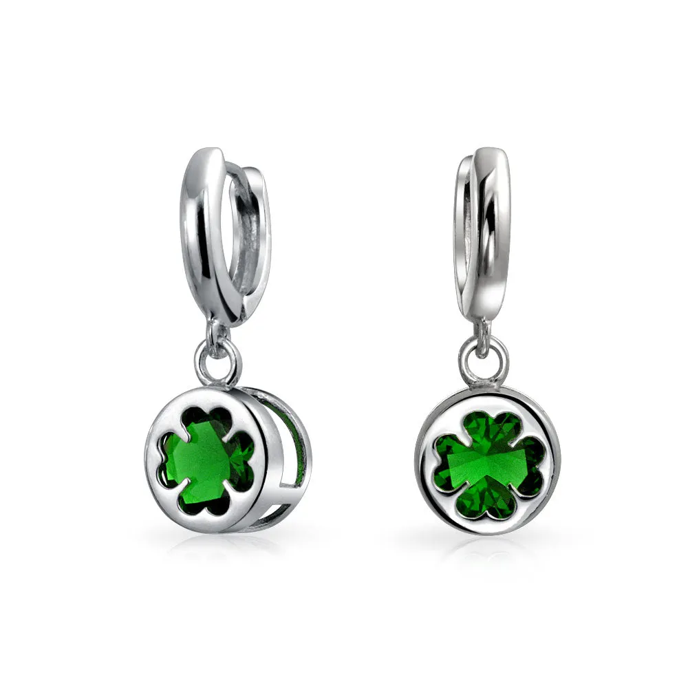 Celtic Four Leaf Emerald Green CZ Clover Dangle Stud Earrings Sterling Silver