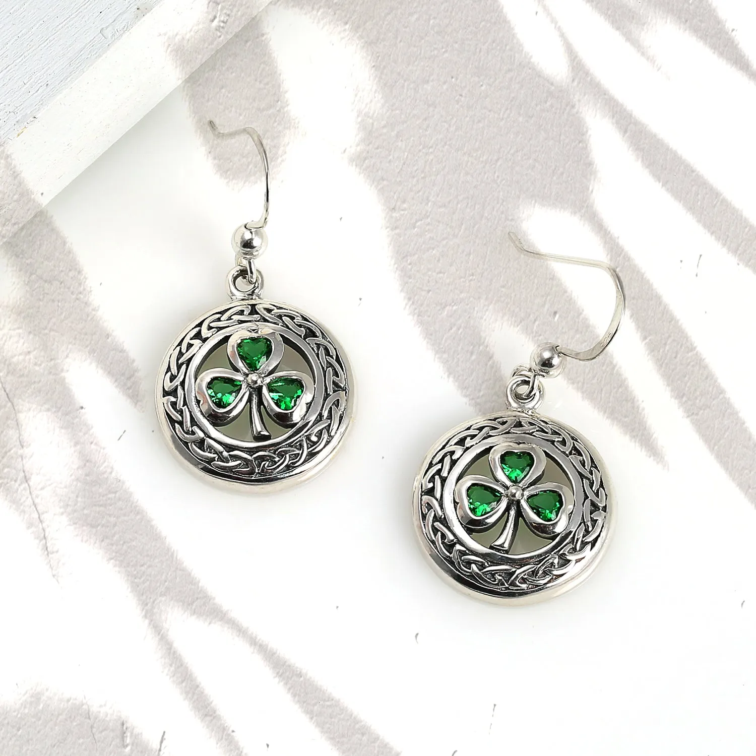 Celtic Four Leaf Emerald Green CZ Clover Dangle Stud Earrings Sterling Silver