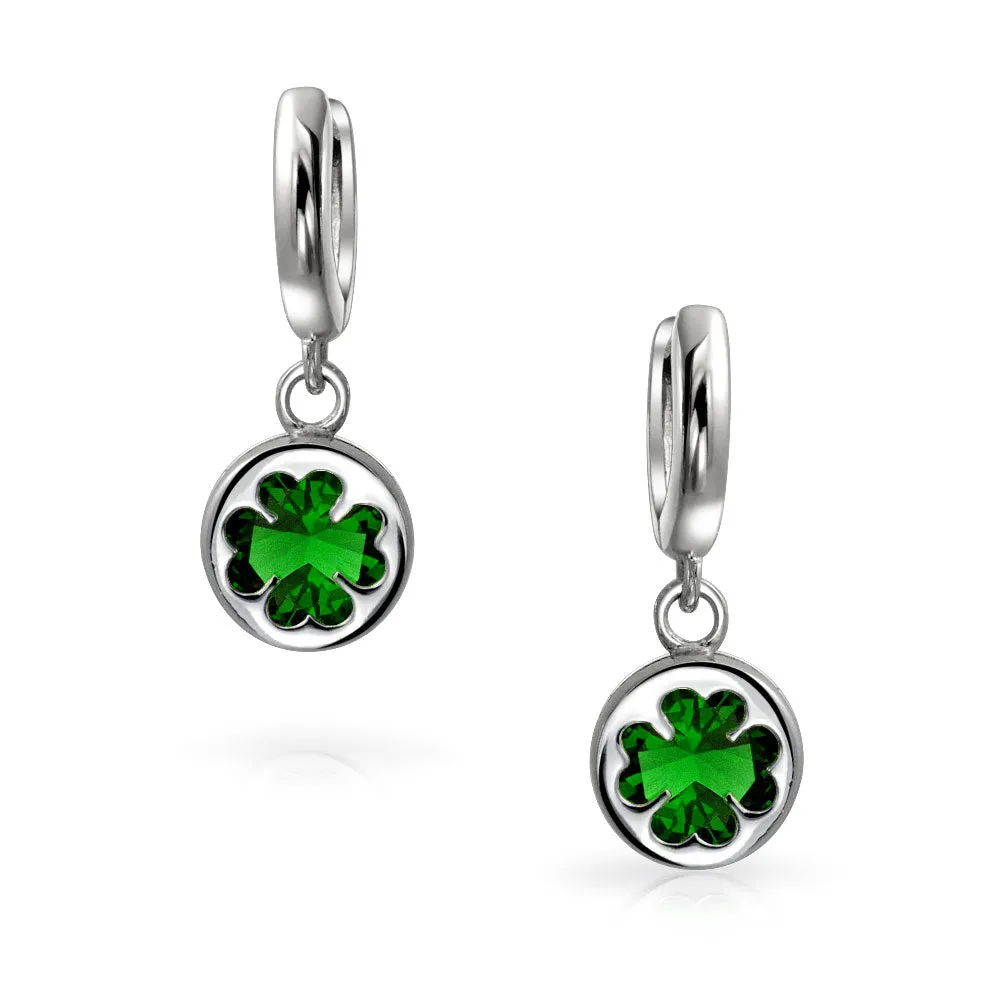 Celtic Four Leaf Emerald Green CZ Clover Dangle Stud Earrings Sterling Silver