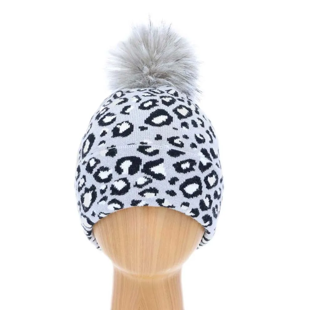 Cheetah Print Double Layered Pom Pom Beanie Hat