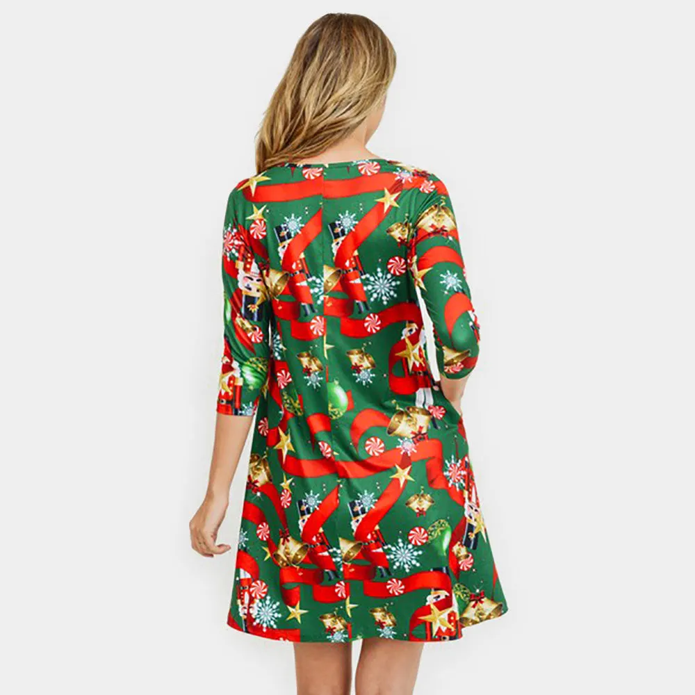 Christmas Green Nutcracker Print Holiday Casual A-Line Dress