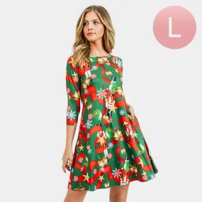 Christmas Green Nutcracker Print Holiday Casual A-Line Dress