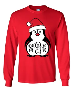 Christmas Penguin Monogram - Red Longsleeve Tee