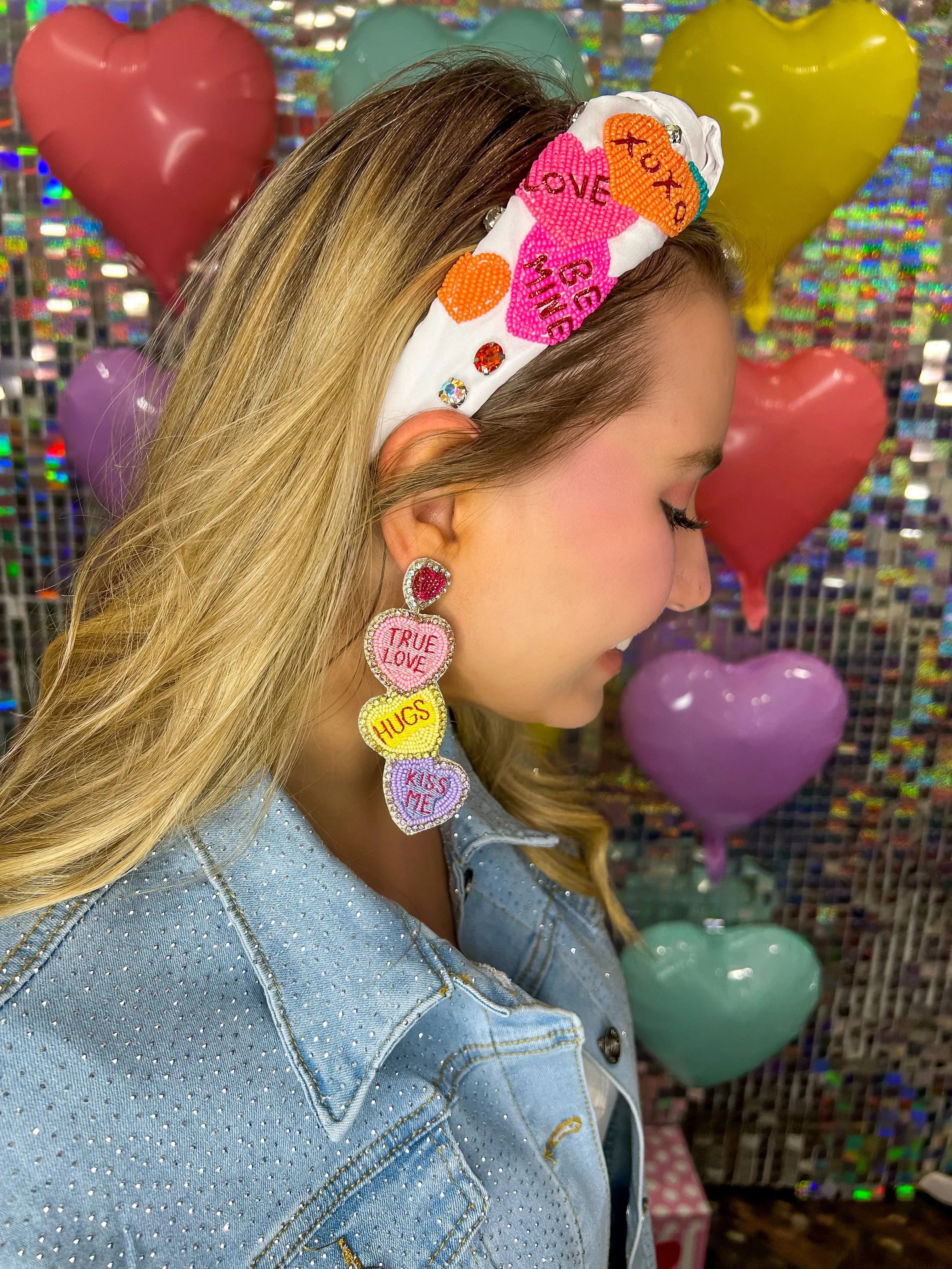 Conversation Heart Jeweled Bead Knot Headband - White