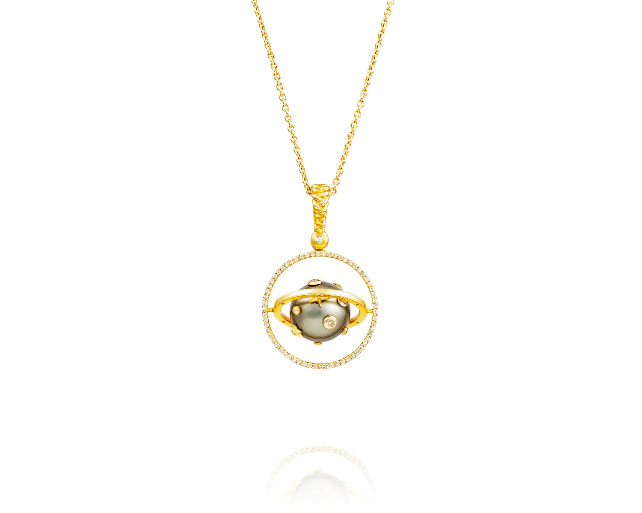 (Copy) 14kt Gold, .9ct Armillary Tahitian Pearl Pendant