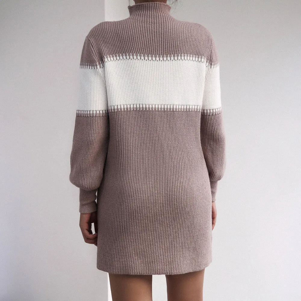 Cozy High Neck Bishop Sleeve Color Block Ribbed Knit Mini Sweater Dress