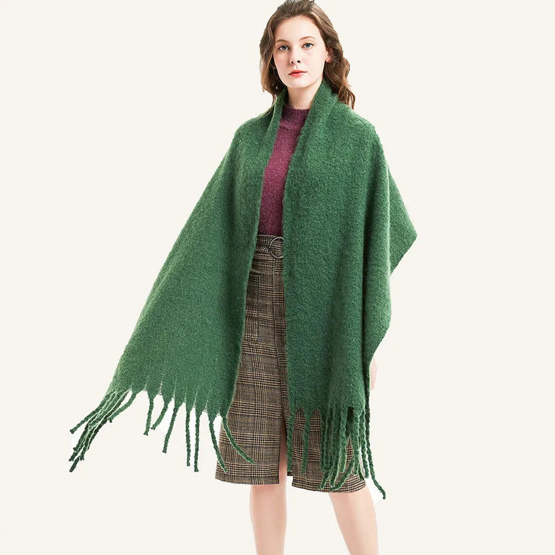 Cozy Solid Green Fringe Trim Loop Yarn Boucle Knit Scarf