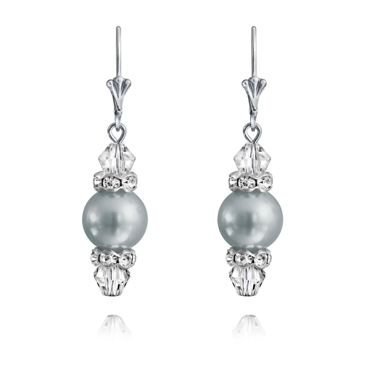 Crystal Drop Lever back Imitation Pearl Dangle Earring Sterling Silver