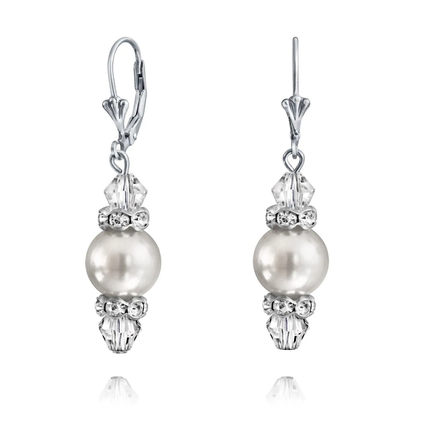 Crystal Drop Lever back Imitation Pearl Dangle Earring Sterling Silver