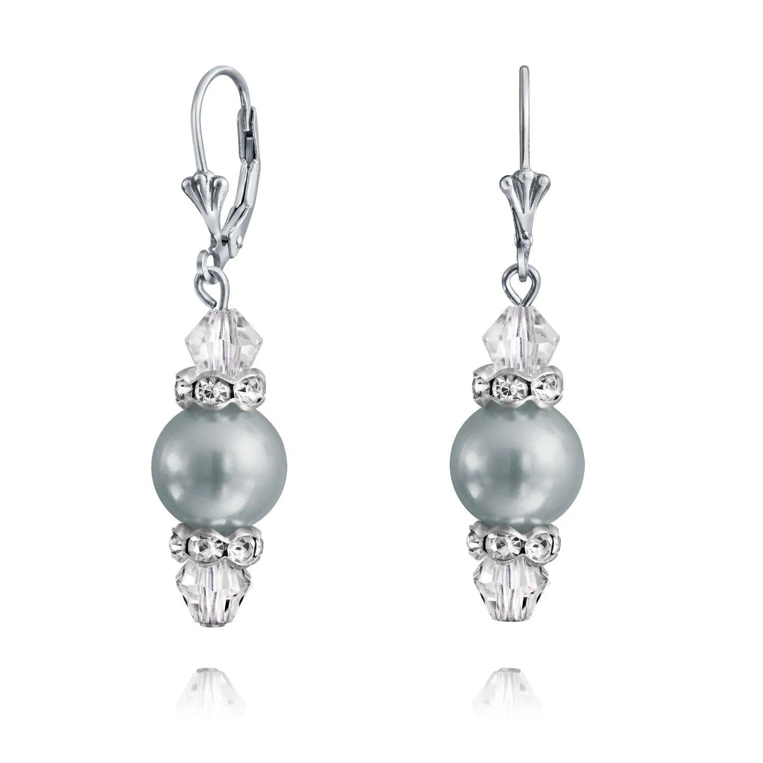 Crystal Drop Lever back Imitation Pearl Dangle Earring Sterling Silver