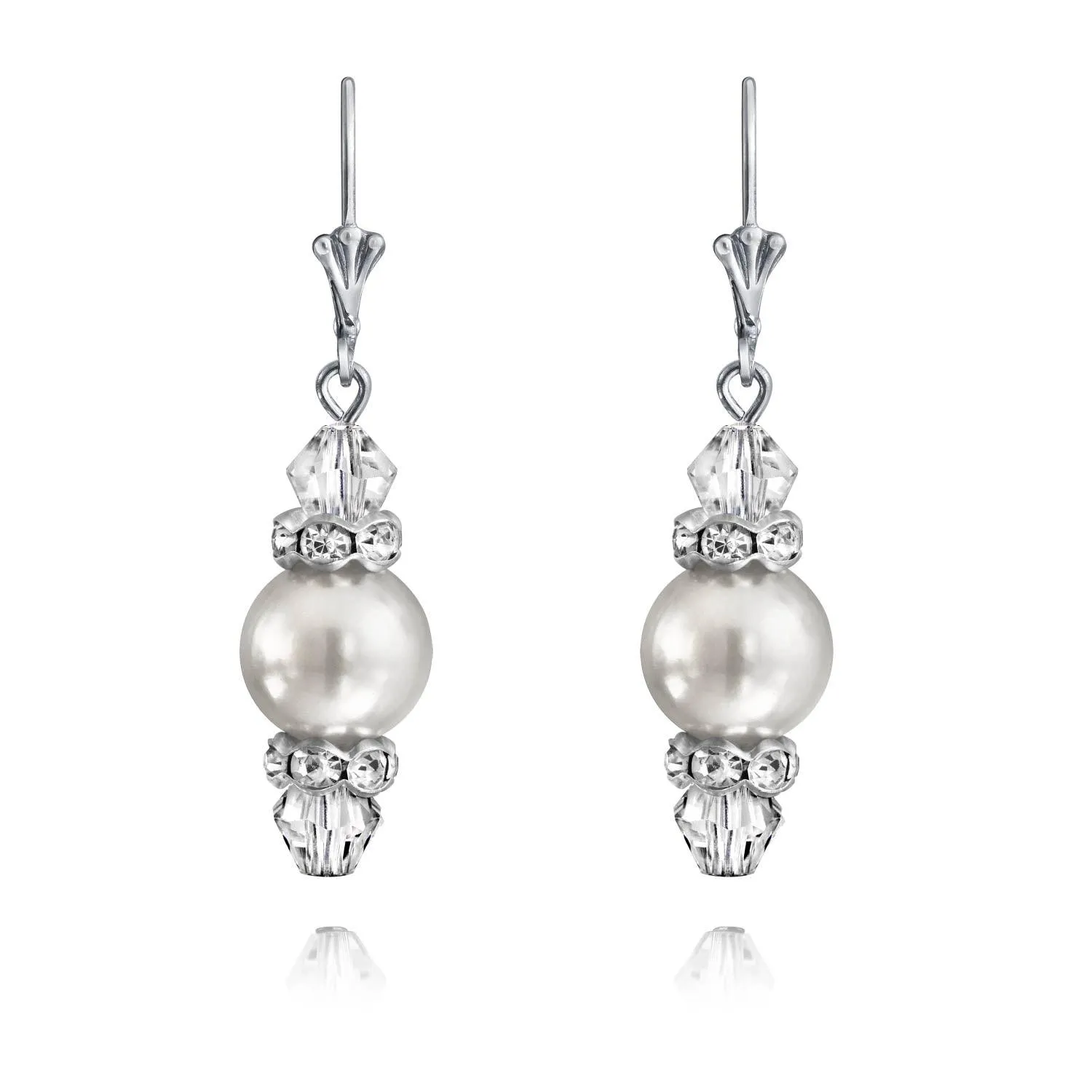 Crystal Drop Lever back Imitation Pearl Dangle Earring Sterling Silver