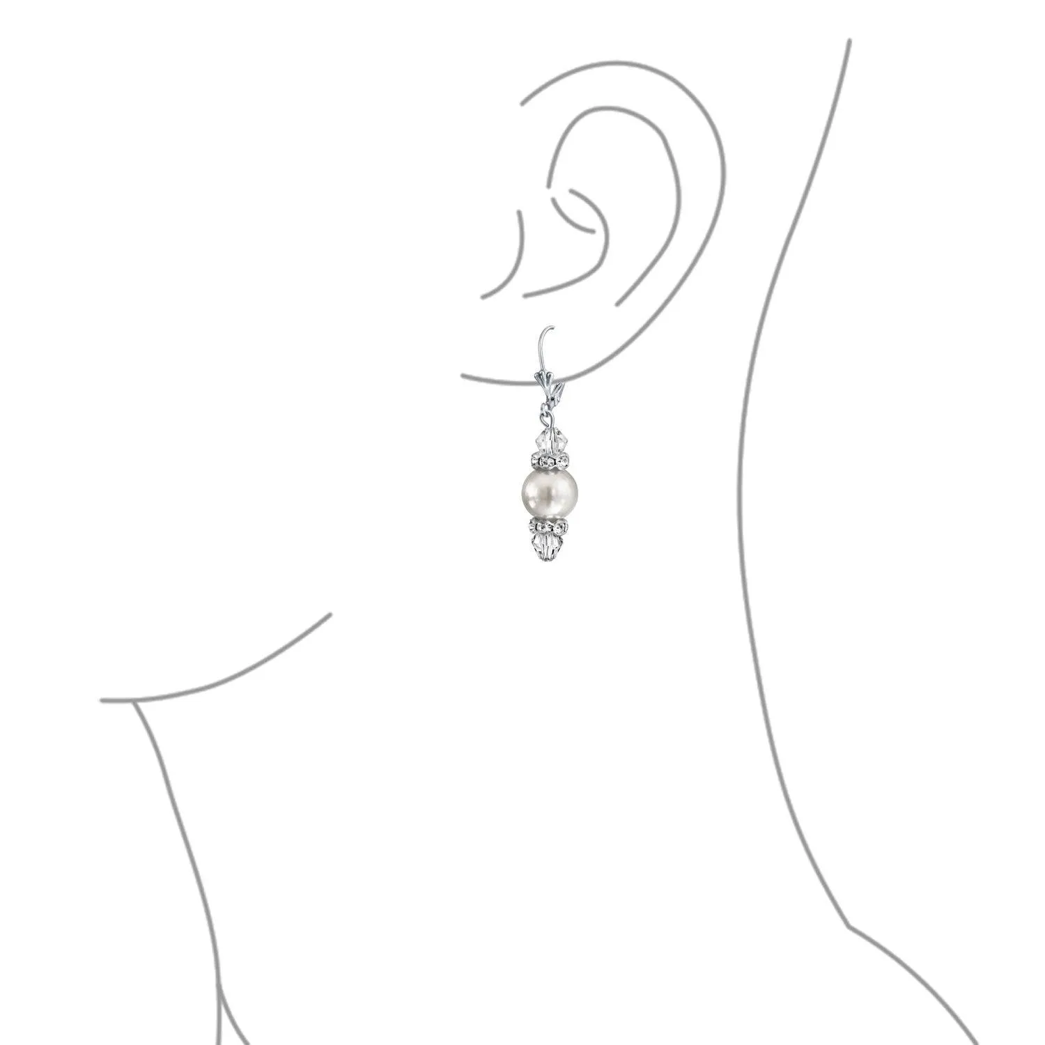 Crystal Drop Lever back Imitation Pearl Dangle Earring Sterling Silver