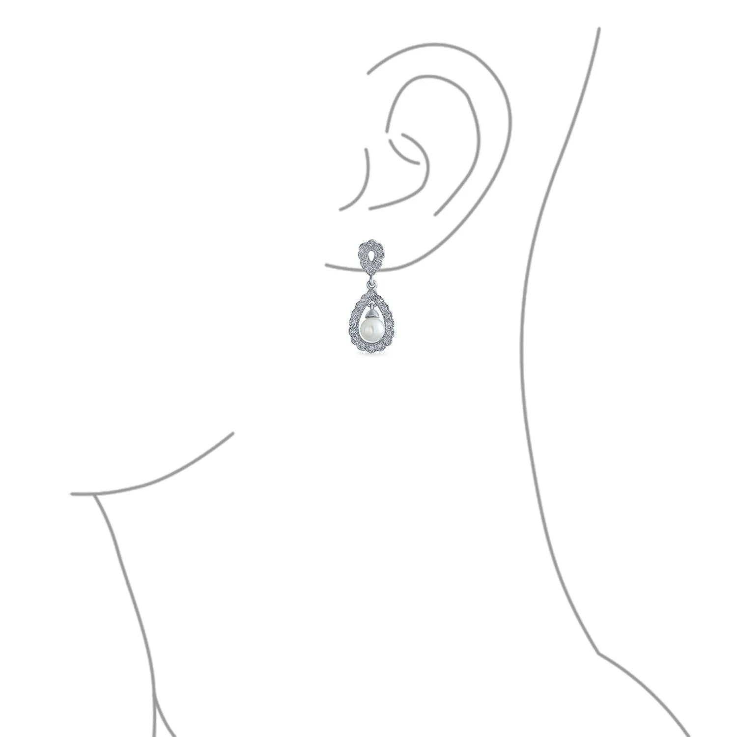 Crystal Drop Lever back Imitation Pearl Dangle Earring Sterling Silver