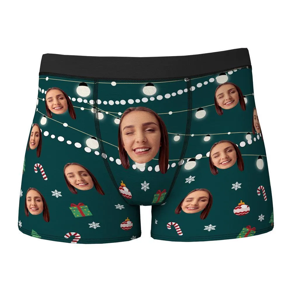 Custom Face Boxers Shorts Christmas Lights Personalised Photo Underwear Christmas Gift for Men