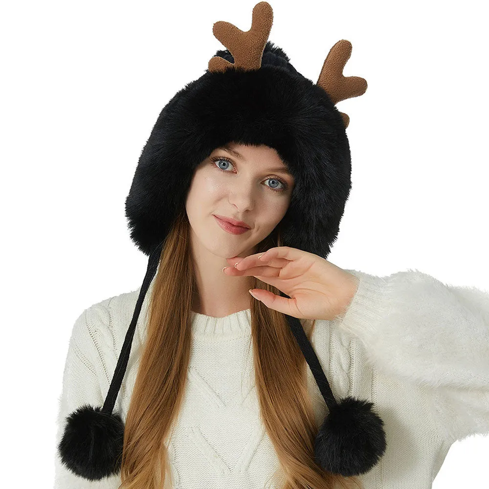 Cute Faux Fur Pom Pom Winter Chunky Rib Knit Elk Horn Christmas Beanie