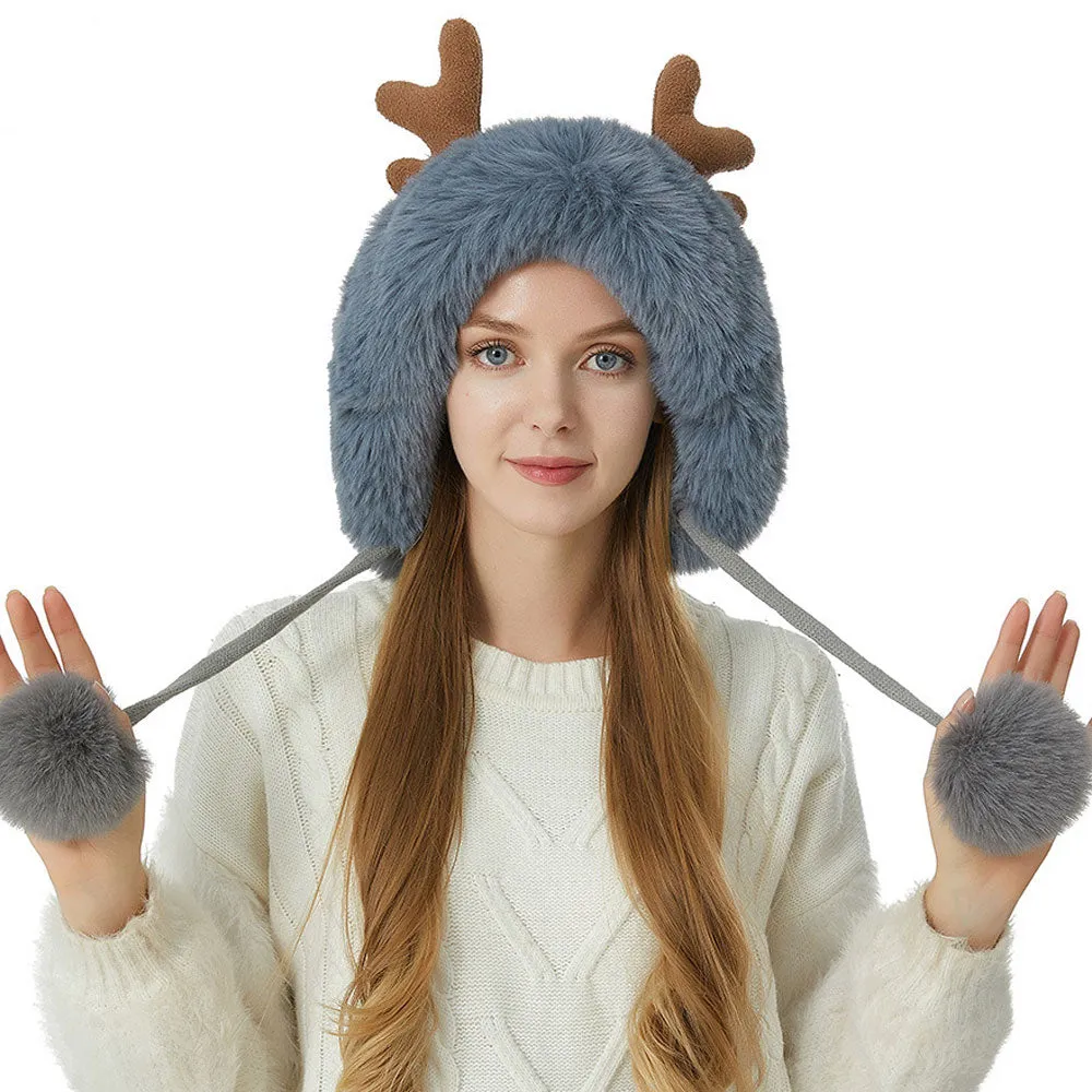 Cute Faux Fur Pom Pom Winter Chunky Rib Knit Elk Horn Christmas Beanie