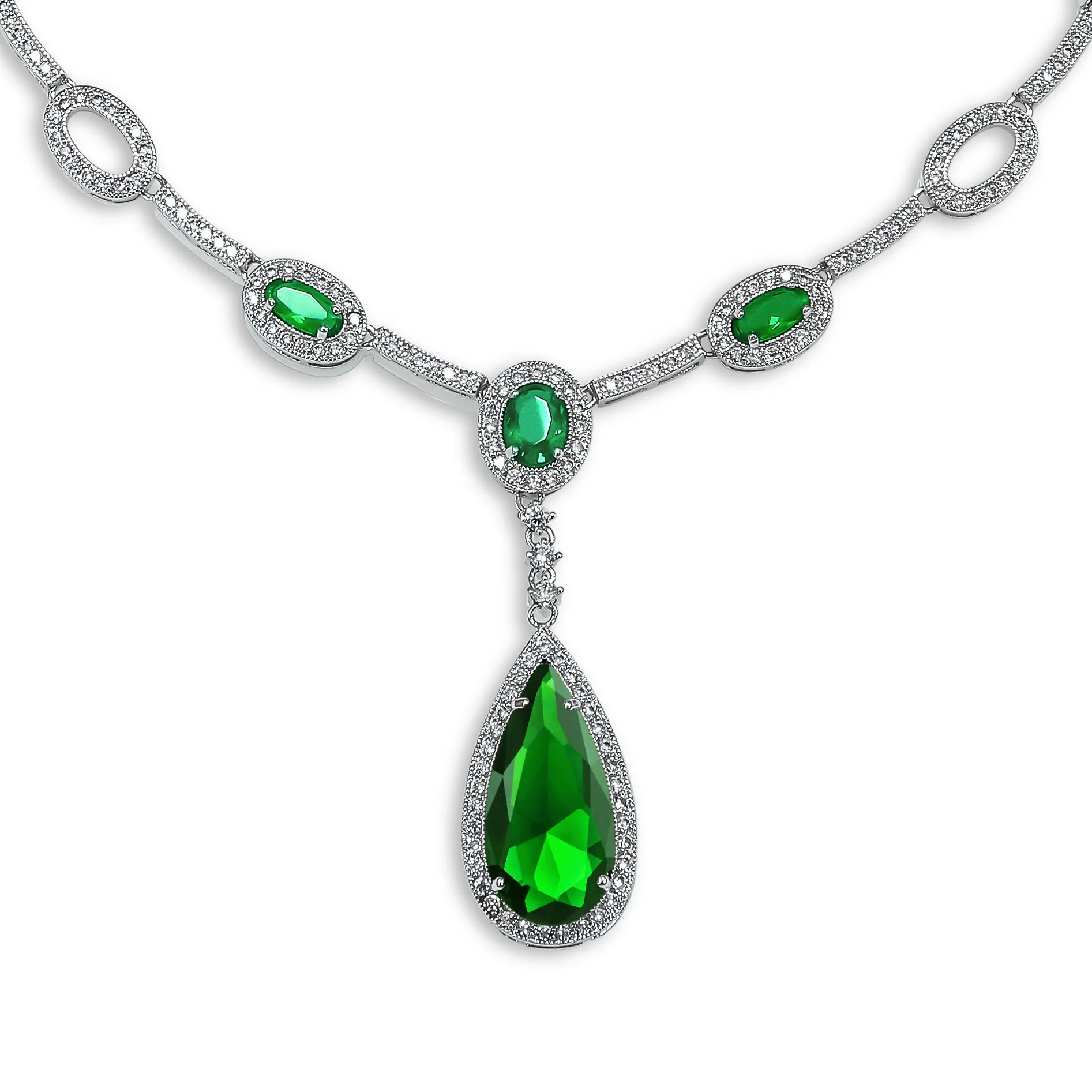 CZ Teardrop Y Necklace Imitation Gemstone Cutout Oval Silver