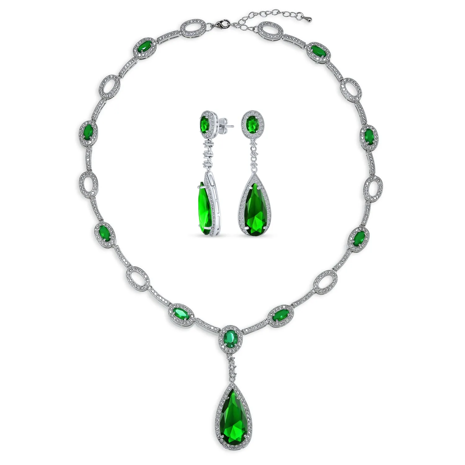 CZ Teardrop Y Necklace Imitation Gemstone Cutout Oval Silver