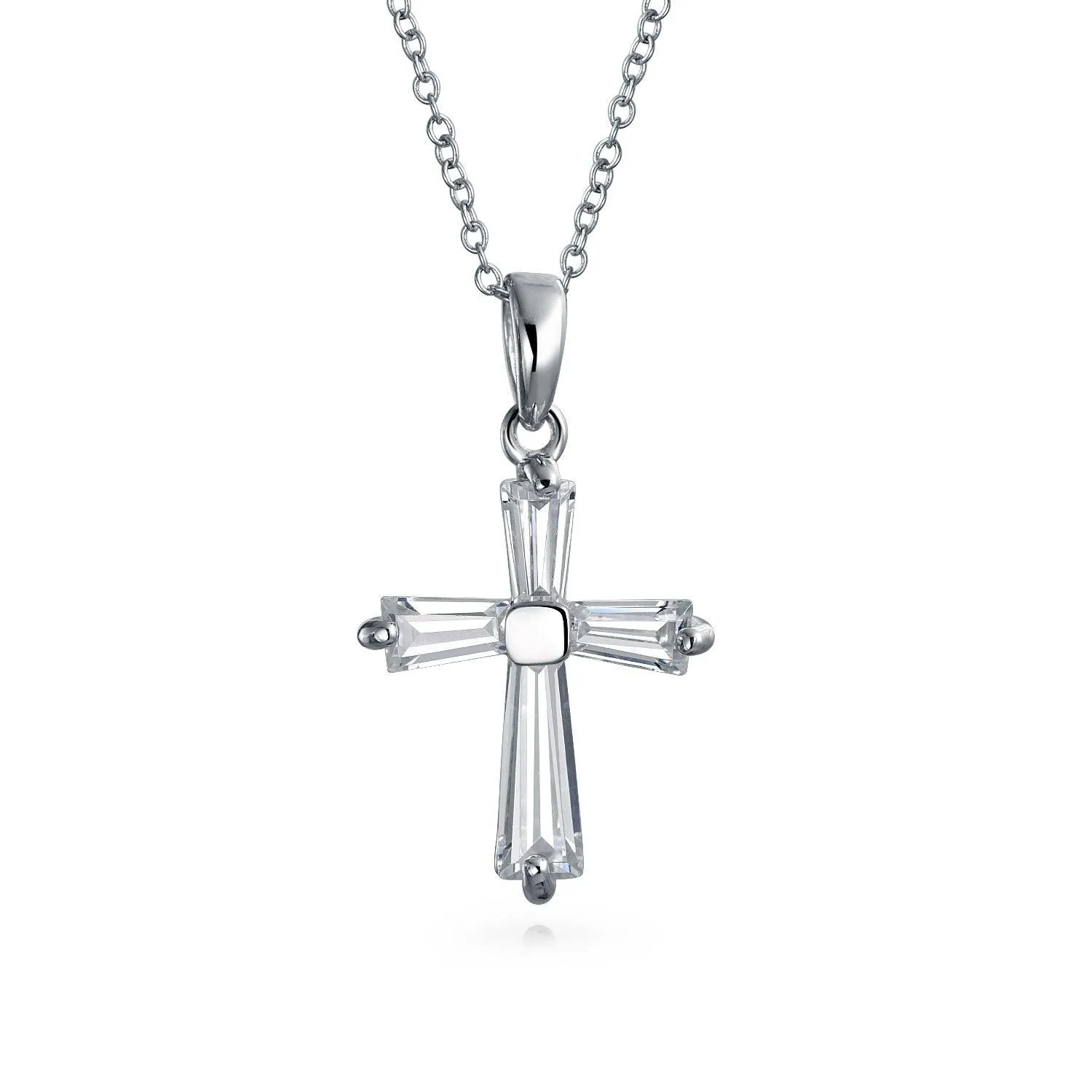 Dainty Bridal Baguette AAA CZ Cross Pendant Necklace Sterling Silver