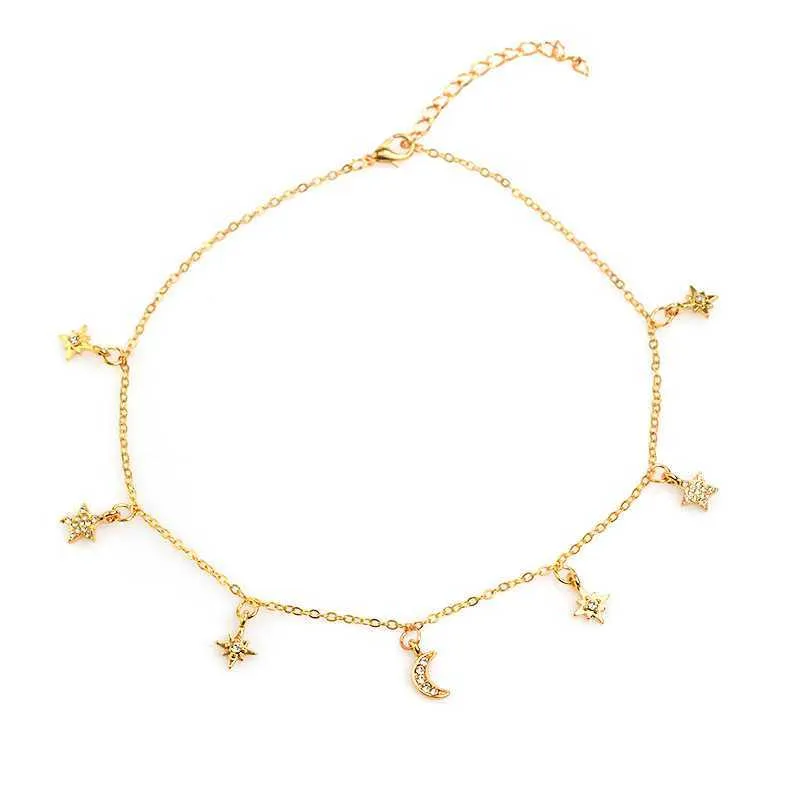 Dainty Rhinestone Multi Stars Crescent Moon Gold Choker