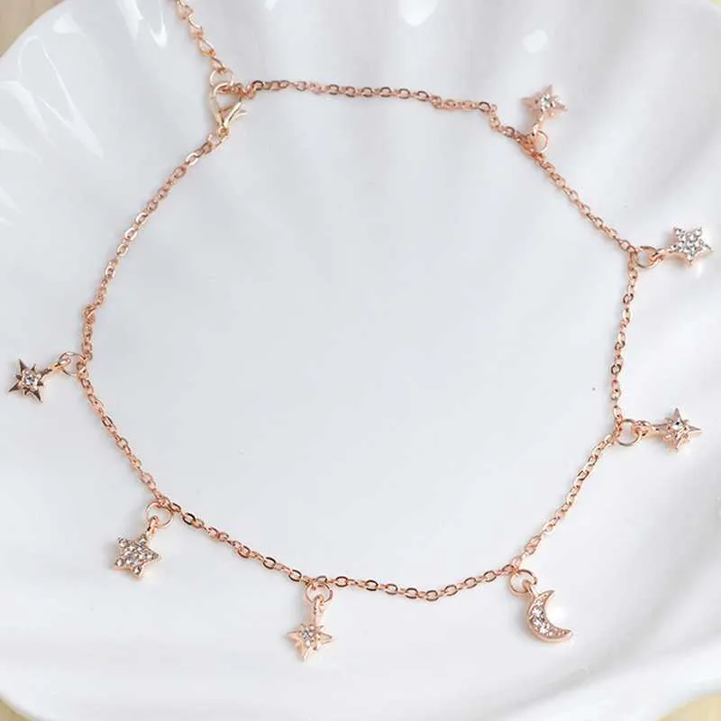 Dainty Rhinestone Multi Stars Crescent Moon Gold Choker