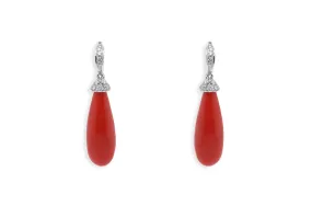 Earrings 14kt White Gold Coral Tear & Diamonds