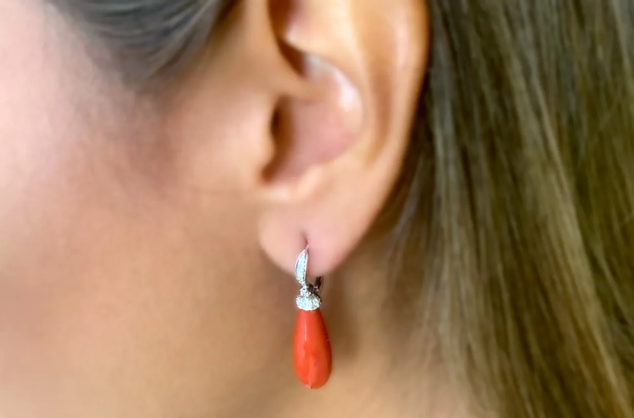 Earrings 14kt White Gold Coral Tear & Diamonds