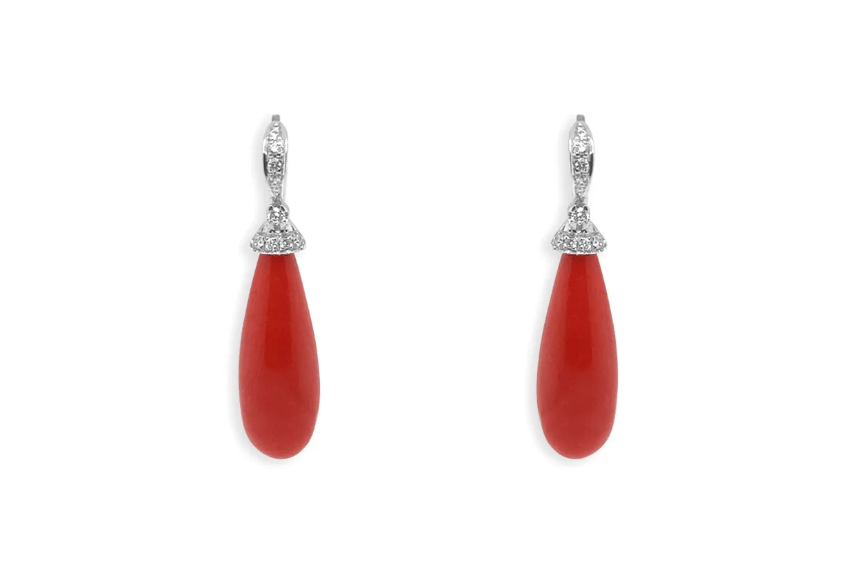 Earrings 14kt White Gold Coral Tear & Diamonds