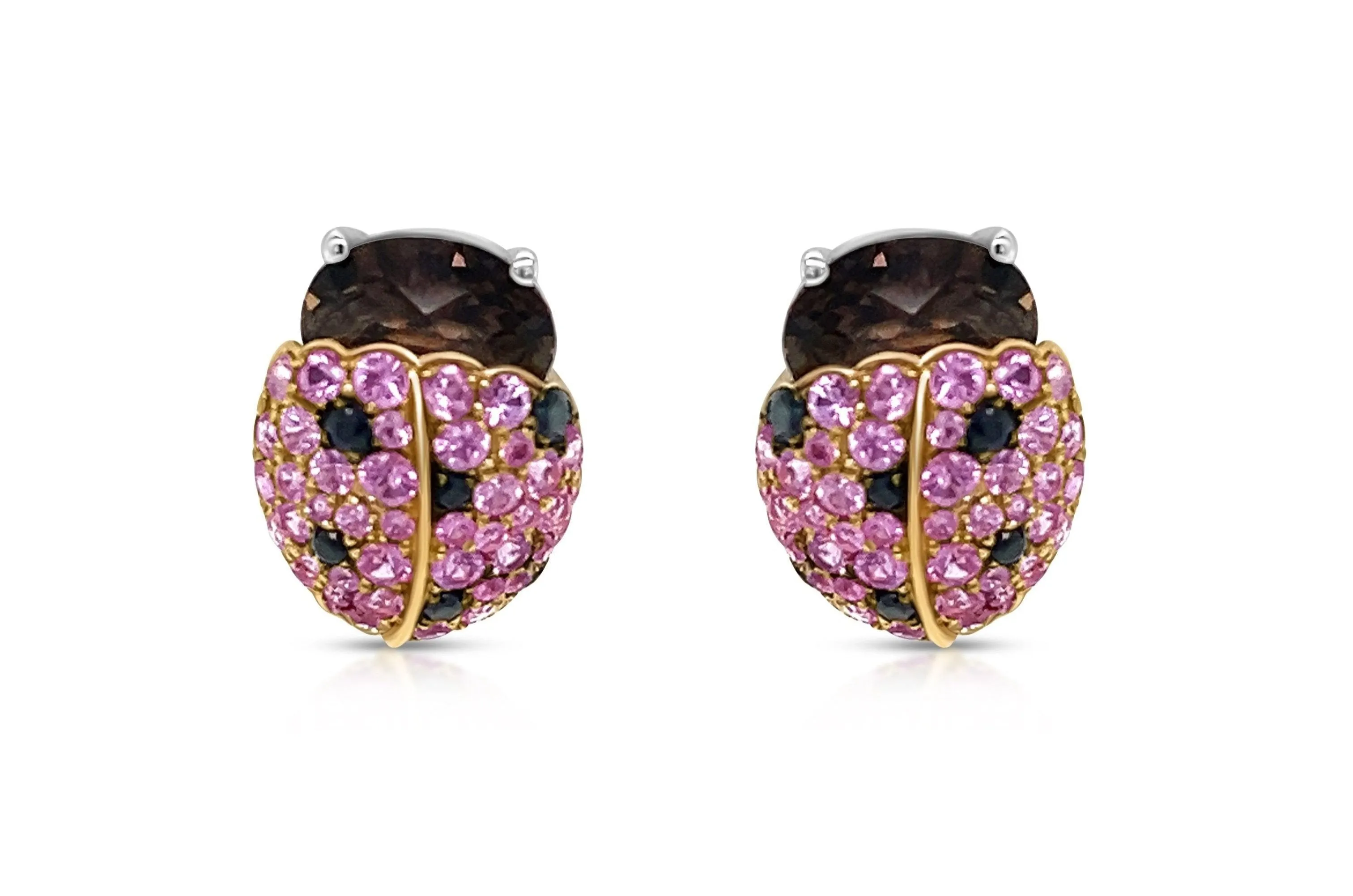 Earrings 18Kt Gold Ladybugs with Pink Sapphires and Black Diamonds