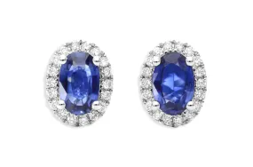 Earrings 18kt Gold Oval Blue Sapphires Stud & Round Diamonds