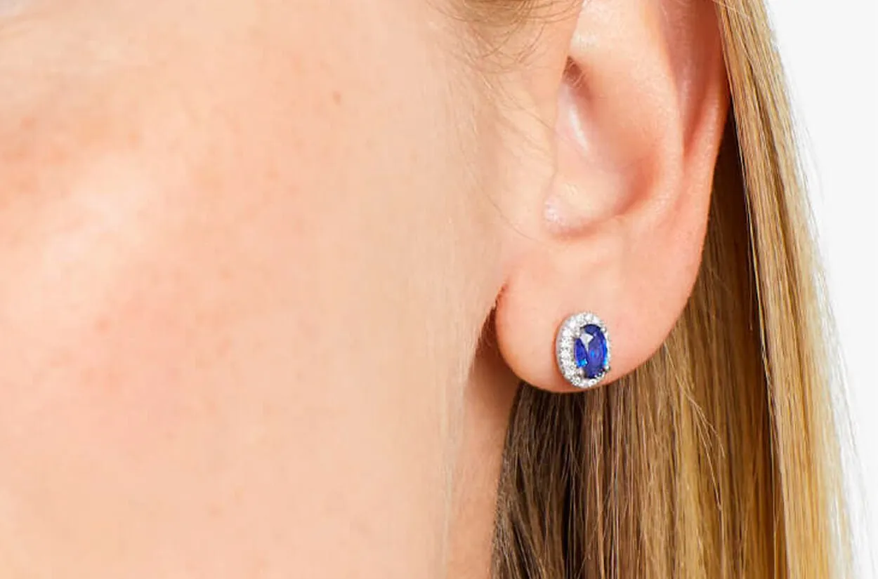 Earrings 18kt Gold Oval Blue Sapphires Stud & Round Diamonds